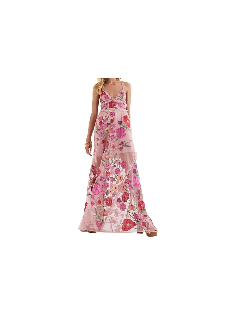 For Love & Lemons Pink Kaylee Maxi Halter Dress Small